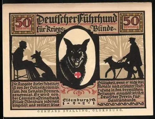 Notgeld Oldenburg 1921, 50 Pfennig, Führhund für Kriegsblinde, Ein aufmerksamer und hilfreicher Diener