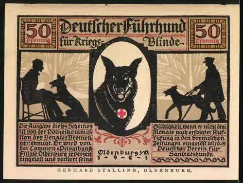 Notgeld Oldenburg 1921, 50 Pfennig, Führhund für Kriegsblinde, Ein treuer Wegweiser