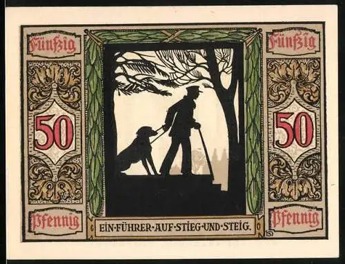 Notgeld Oldenburg 1921, 50 Pfennig, Führhund für Kriegsblinde, Ein Führer auf Stieg und Steig