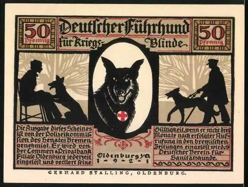 Notgeld Oldenburg 1921, 50 Pfennig, Führhund für Kriegsblinde, Ein Führer auf Stieg und Steig