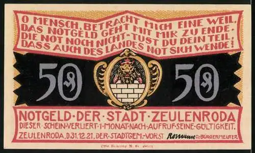 Notgeld Zeulenroda-Weckersdorf 1921, 50 Pfennig, Fachwerkhaus, Wappen