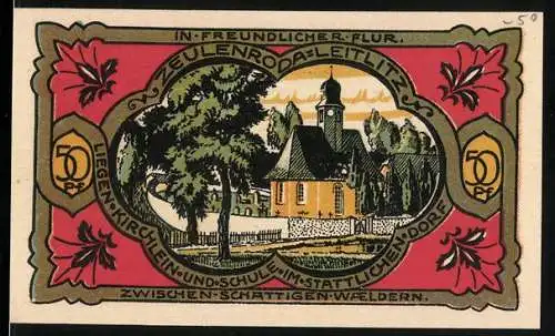 Notgeld Zeulenroda-Leitlitz 1921, 50 Pfennig, Kirche und Schule