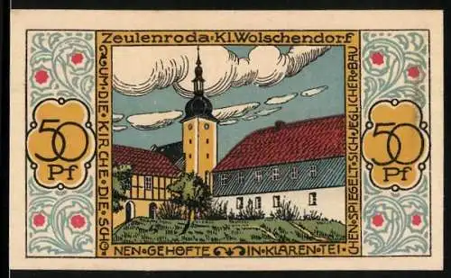 Notgeld Zeulenroda-Kl. Wolschendorf 1921, 50 Pfennig, Ortspartie mit Kirche