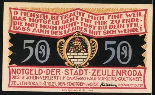 Notgeld Zeulenroda-Kl. Wolschendorf 1921, 50 Pfennig, Ortspartie mit Kirche