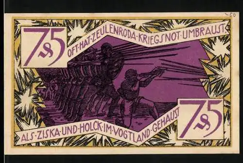 Notgeld Zeulenroda 1921, 75 Pfennig, Soldaten zur Zeit von Ziska und Holck