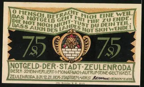 Notgeld Zeulenroda 1921, 75 Pfennig, Die fünf Stadtbrände
