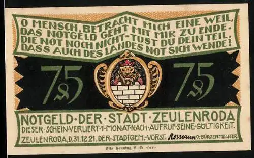 Notgeld Zeulenroda 1921, 75 Pfennig, Gildenkämpfe 1792