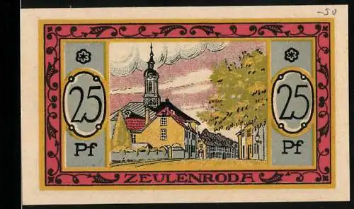 Notgeld Zeulenroda 1921, 25 Pfennig, Strassenpartie mit einer Kirche