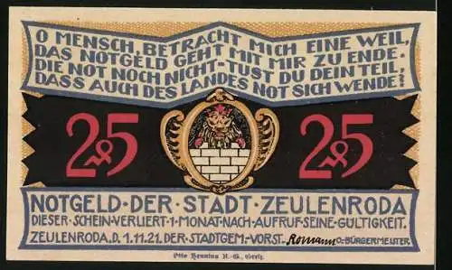 Notgeld Zeulenroda 1921, 25 Pfennig, Strassenpartie mit einer Kirche