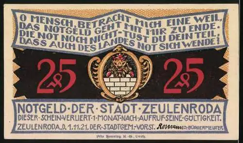 Notgeld Zeulenroda 1921, 25 Pfennig, Strassenpartie mit Blick auf die Kirche im Schnee