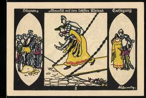 Notgeld Döbeln 1921, 50 Pfennig, Abmarsch mit dem liebsten Kleinod, Staunen, Entsagung