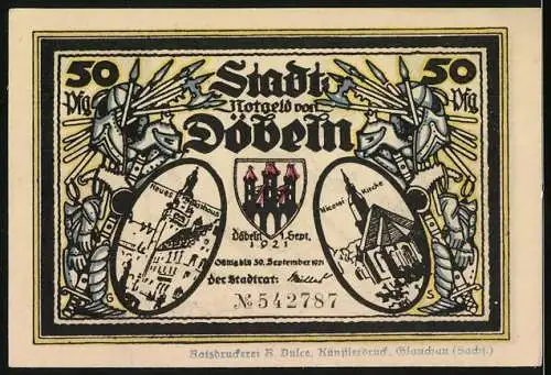 Notgeld Döbeln 1921, 50 Pfennig, Abmarsch mit dem liebsten Kleinod, Staunen, Entsagung
