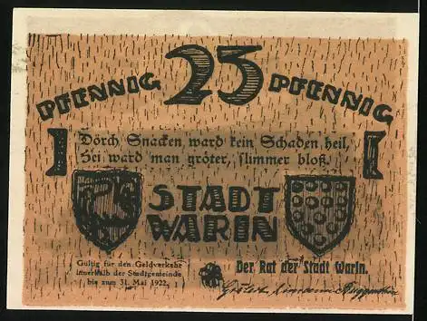 Notgeld Warin 1922, 25 Pfennig, Ortspartie mit Kirche, Wappen