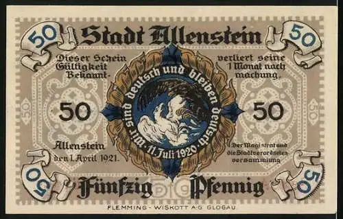 Notgeld Allenstein 1921, 50 Pfennig, Rathaus, deutscher Adler