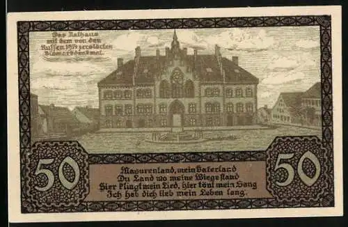 Notgeld Johannisburg 1920, 50 Pfennig, Stadtwappen, Rathaus
