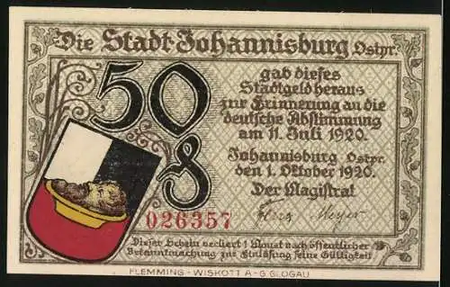 Notgeld Johannisburg 1920, 50 Pfennig, Stadtwappen, Rathaus