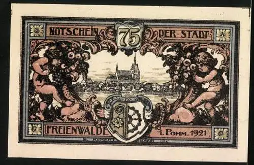 Notgeld Freienwalde 1921, 75 Pfennig, Engel, Ortsansicht mit Stadtwappen