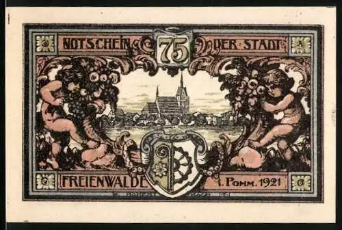 Notgeld Freienwalde 1921, 75 Pfennig, Ortsansicht, Engel, Stadtwappen