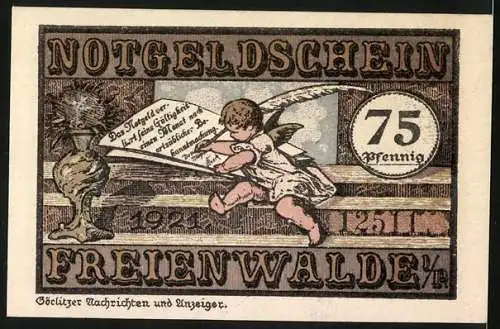 Notgeld Freienwalde 1921, 75 Pfennig, Ortsansicht, Engel, Stadtwappen