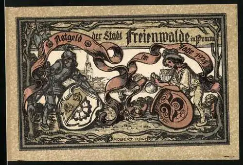 Notgeld Freienwalde 1921, 25 Pfennig, Ritter mit Schild, Engel