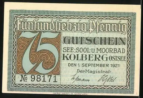 Notgeld Kolberg 1921, 75 Pfennig, Alte Saline