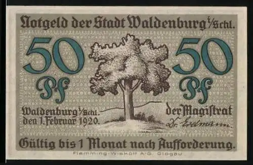 Notgeld Waldenburg 1920, 50 Pfennig, Alter Baum, Arbeiter in Stein