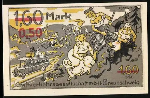 Notgeld Braunschweig 1921, 1,60 Mark, Kraftverkehrsgesellschaft mbH, Bus und Hexen, Teufel