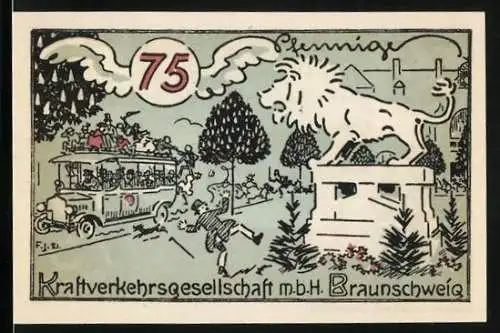 Notgeld Braunschweig 1921, 75 Pfennig, Kraftverkehrsgesellschaft mbH, Löwenstatue, Bus