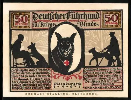 Notgeld Oldenburg 1921, 50 Pfennig, Blindenhund für Kriegsblinde