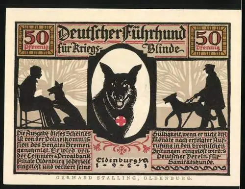 Notgeld Oldenburg 1921, 50 Pfennig, Blindenhund führt, Deutscher Führhund