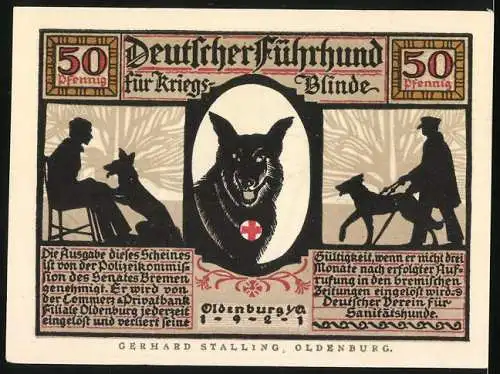 Notgeld Oldenburg 1921, 50 Pfennig, Blindenhund, Treuer Wegweiser