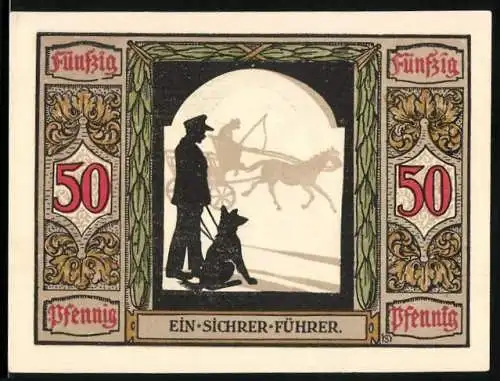 Notgeld Oldenburg 1921, 50 Pfennig, Blindenhund schützt vor Kutsche