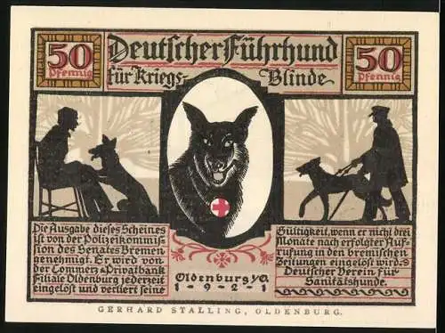 Notgeld Oldenburg 1921, 50 Pfennig, Blindenhund führt zur Arbeit