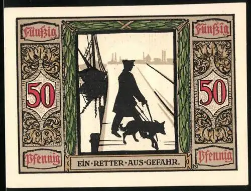 Notgeld Oldenburg 1921, 50 Pfennig, Blindenhund ist Retter aus Gefahr am Hafen