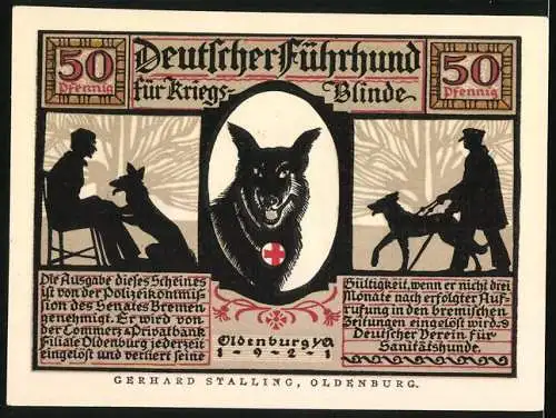 Notgeld Oldenburg 1921, 50 Pfennig, Blindenhund ist Retter aus Gefahr am Hafen