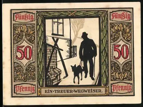 Notgeld Oldenburg 1921, 50 Pfennig, Blindenhund führt an der Strasse entlang