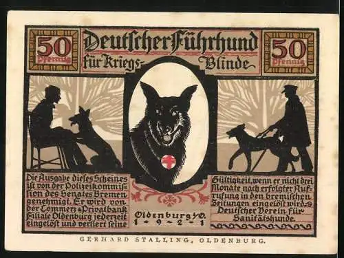 Notgeld Oldenburg 1921, 50 Pfennig, Blindenhund führt an der Strasse entlang