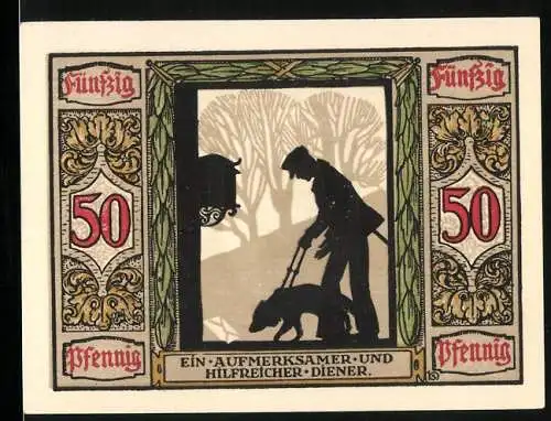 Notgeld Oldenburg 1921, 50 Pfennig, Blindenhund schnuppert am Weg