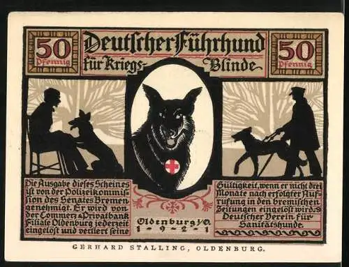 Notgeld Oldenburg 1921, 50 Pfennig, Führhund für Kriegsblinde auf Stieg und Steig