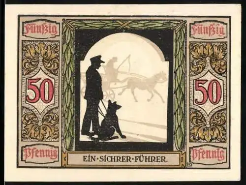 Notgeld Oldenburg 1921, 50 Pfennig, Blindenhund an der Strasse