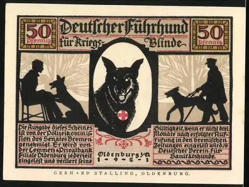 Notgeld Oldenburg 1921, 50 Pfennig, Blindenhund an der Strasse