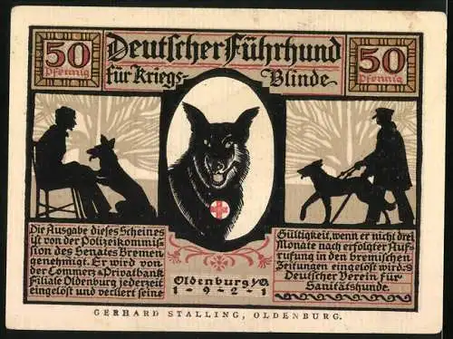 Notgeld Oldenburg 1921, 50 Pfennig, Blindenhund führt Mann zur Arbeit