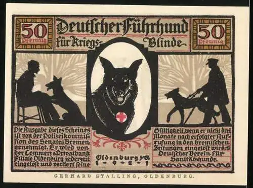 Notgeld Oldenburg 1921, 50 Pfennig, Blindenhund am Hafen