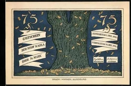 Notgeld Kahla 1921, 75 Pfennig, Alter Baum regnet Notgeld, Mann fegt 10 Gebote zusammen