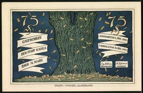 Notgeld Kahla 1921, 75 Pfennig, Deutscher Merkur schwitzt