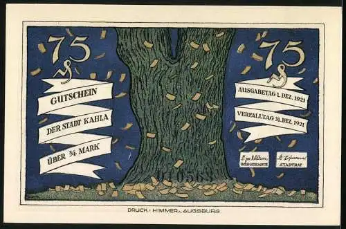 Notgeld Kahla 1921, 75 Pfennig, Einigkeit macht stark, Soldaten und Bürger kämpfen