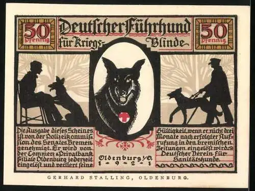 Notgeld Oldenburg 1921, 50 Pfennig, Blindenhund führt Kriegsblinden