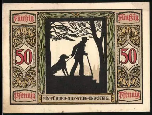 Notgeld Oldenburg 1921, 50 Pfennig, Blindenhund schützt beim Treppensteigen