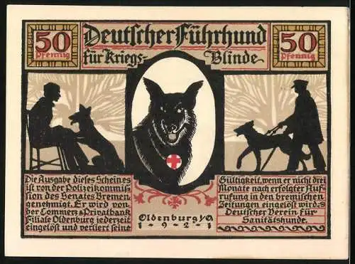 Notgeld Oldenburg 1921, 50 Pfennig, Blindenhund schützt beim Treppensteigen