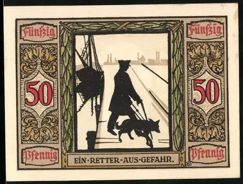 Notgeld Oldenburg 1921, 50 Pfennig, Blindenhund führt vom Wasser weg